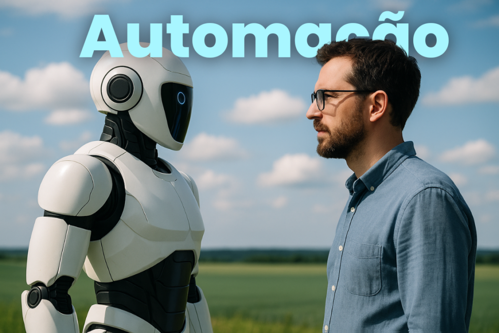 A imagem descreve um humano e um robô se encarando