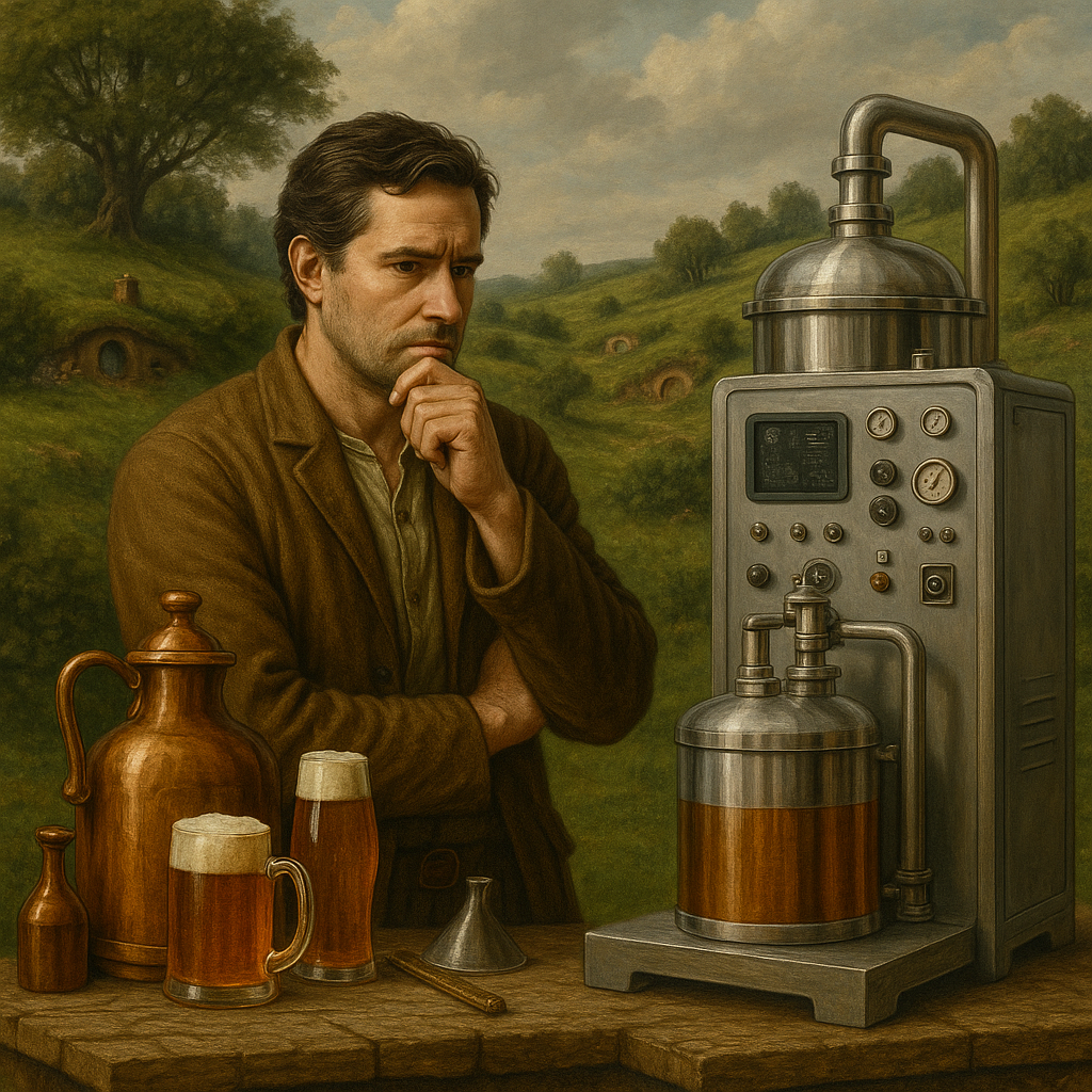 Cervejeiro pensativo observa entre equipamentos artesanais e uma máquina automatizada, simbolizando o futuro da produção de cerveja.