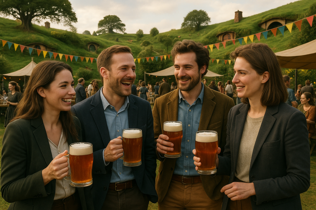 Pessoas desfrutando de cerveja artesanal em festival ao ar livre inspirado na Vila dos Hobbits, destacando tradição e descontração.