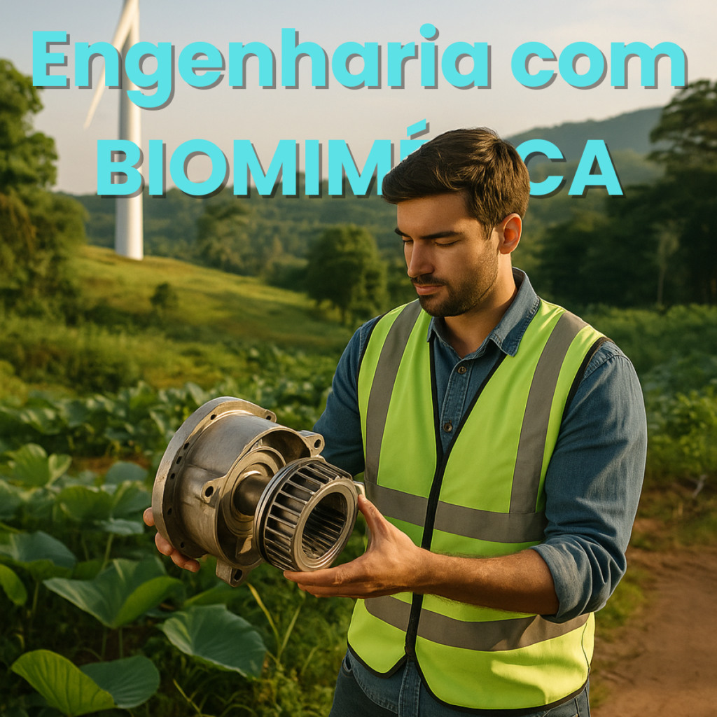 Engenheiro mecânico analisando componente metálico em campo com turbina eólica ao fundo, representando a aplicação da biomimética na indústria sustentável.