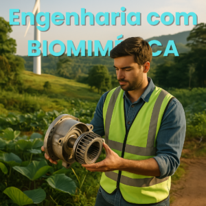 Engenheiro mecânico analisando componente metálico em campo com turbina eólica ao fundo, representando a aplicação da biomimética na indústria sustentável.