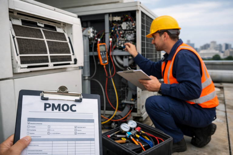 Técnico realizando PMOC em sistema de ar-condicionado comercial durante manutenção preventiva