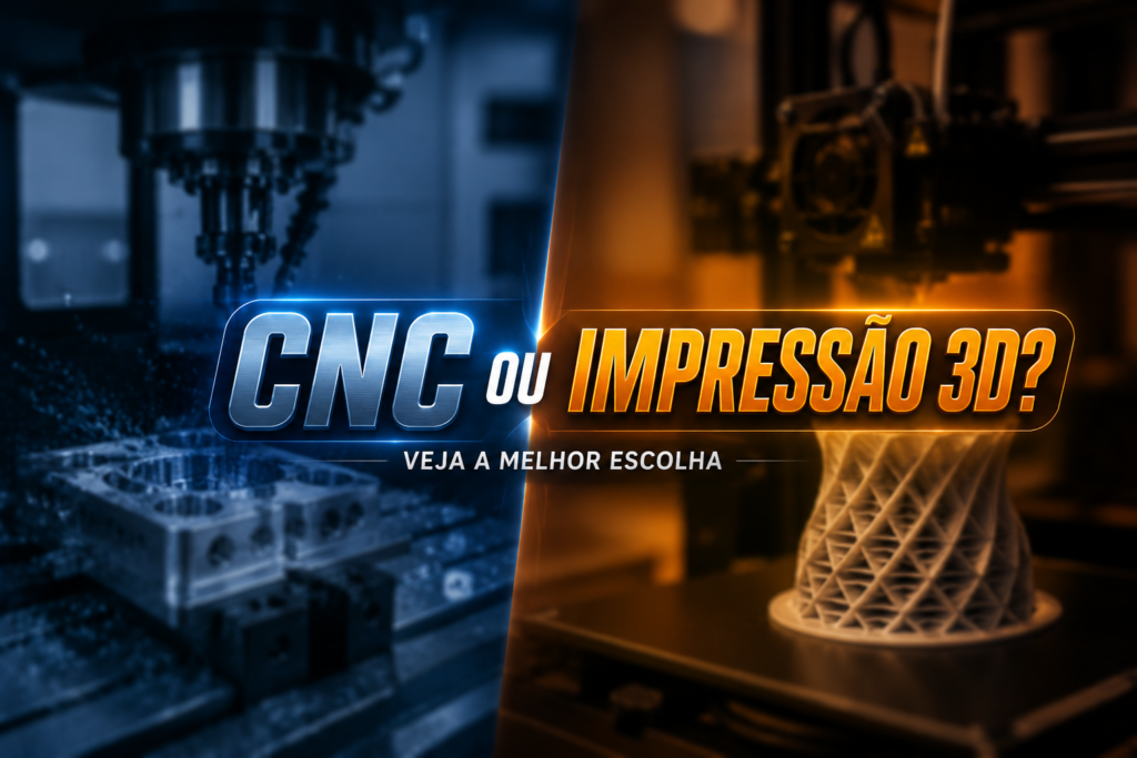 Comparação entre usinagem CNC e impressão 3D em uma imagem dividida ao meio, mostrando uma máquina CNC de um lado e uma impressora 3D do outro, com o texto “CNC ou Impressão 3D?” ao centro.