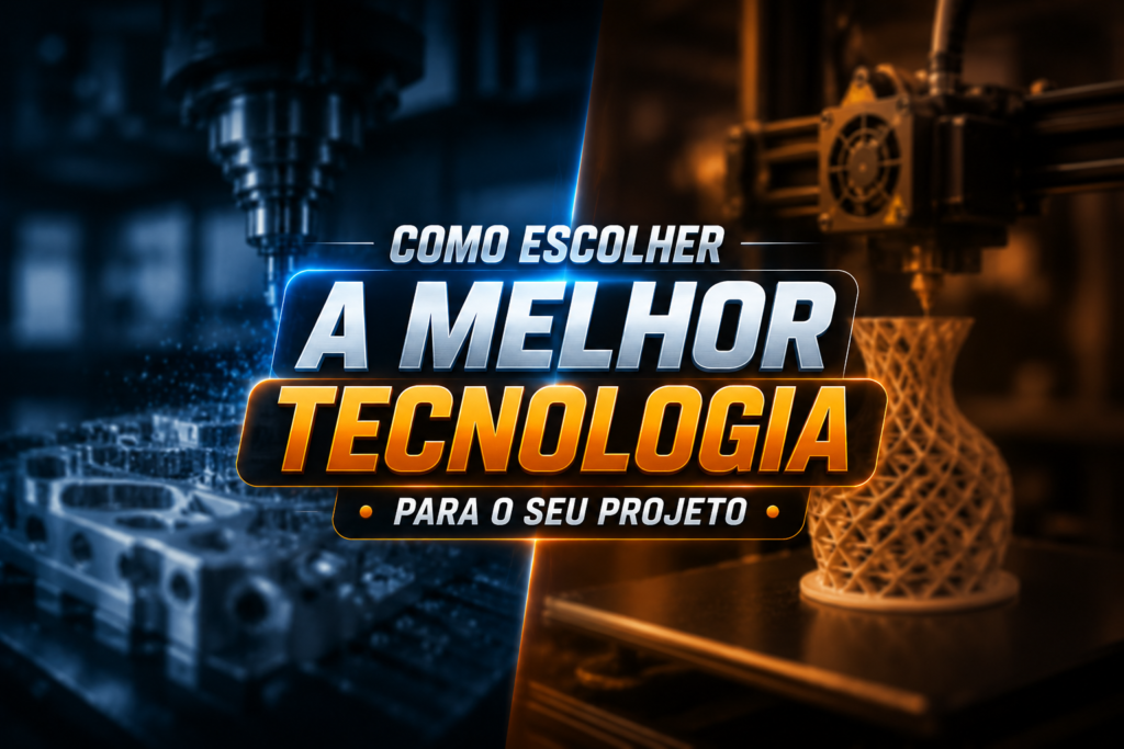 Imagem comparativa entre usinagem CNC e impressão 3D com fundo dividido ao meio e texto central “Como escolher a melhor tecnologia para o seu projeto”.