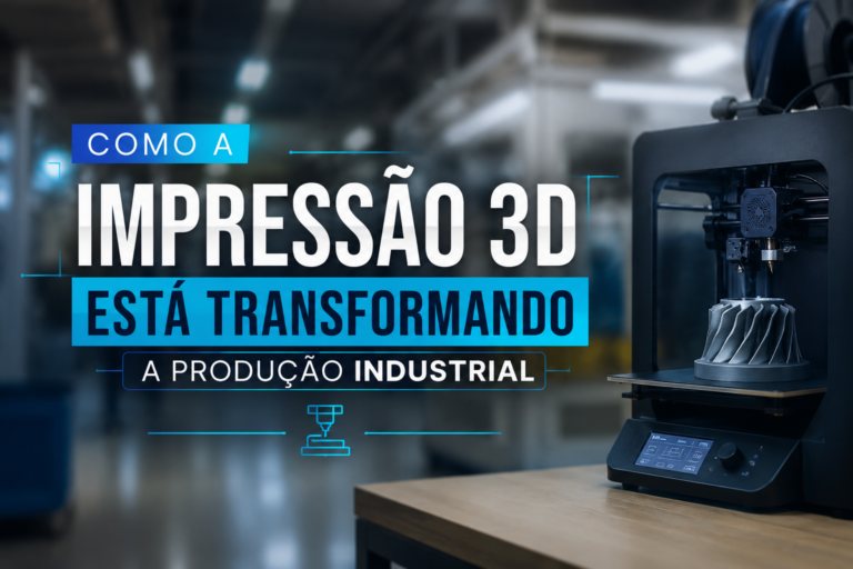 Impressão 3D transformando a produção industrial com manufatura sob demanda em ambiente fabril moderno.