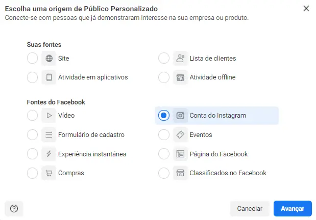 Selecionando fonte de tráfego no Facebook
