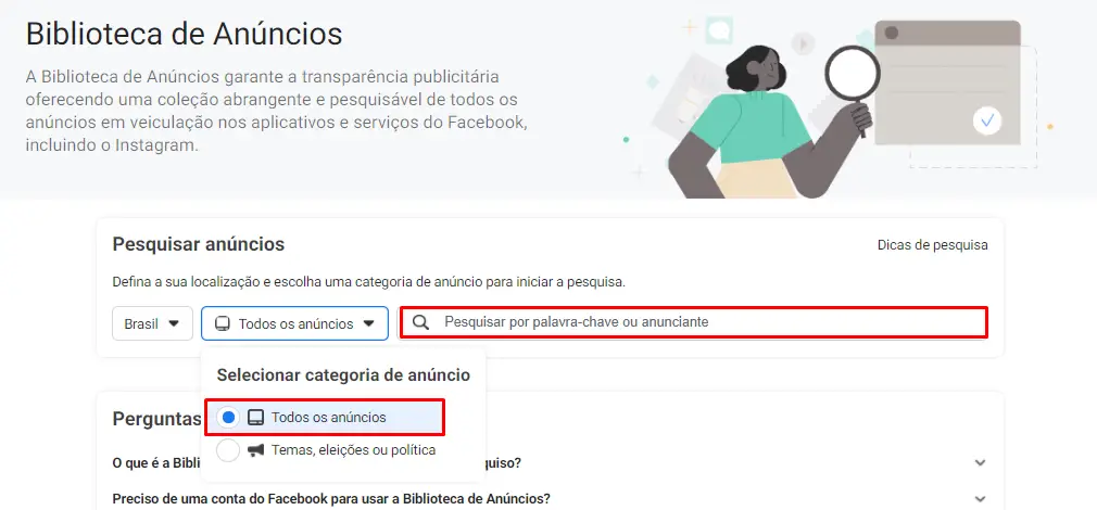 Tela da Biblioteca de Anúncios do Facebook